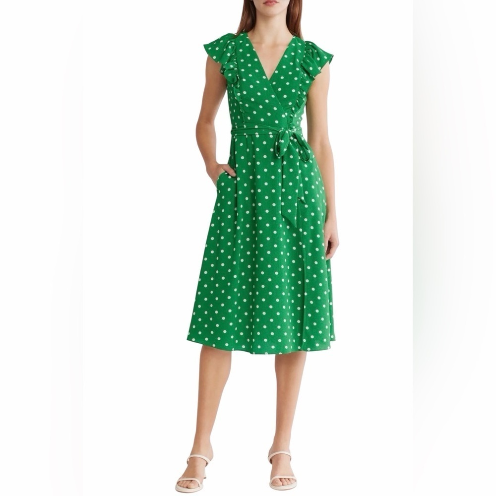 Eliza J Green Polka Dot Flutter Sleeve Fit & Flare Midi Dress Sz 8 NWT